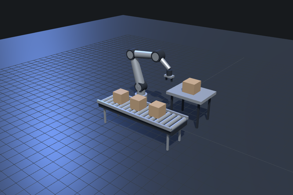 Concept illustration of an industrial robot, tooling, and conveyor in a virtual workspace